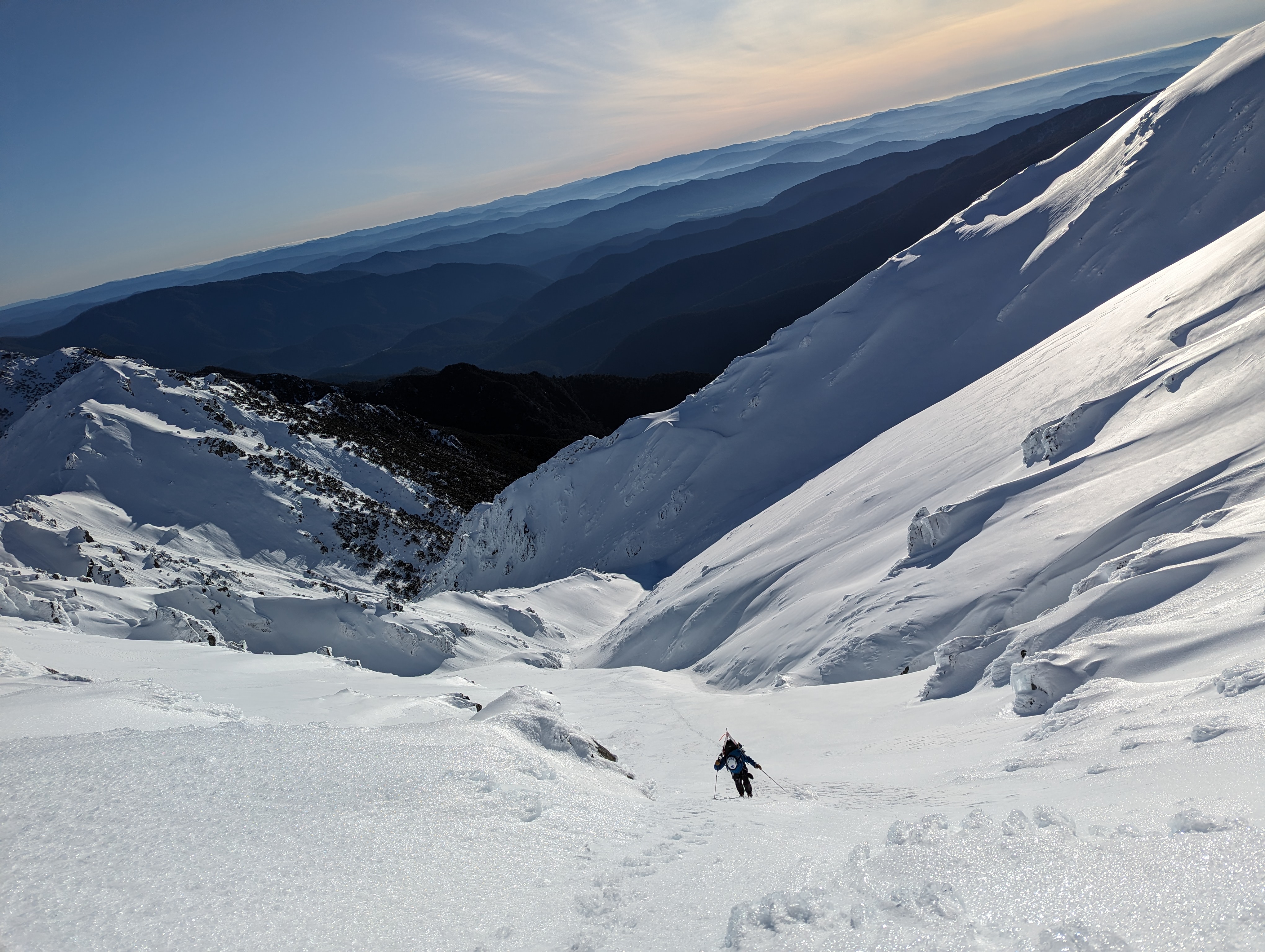 Ski touring at Strzelecki Creek in Kosciuszko National Park. Despite sitting on the northern side of the Great Dividing Range, the creek below is diverted into the Murray Darling Basin through the Strzelecki Creek aqueduct as part of the Snowy Hydro Scheme.